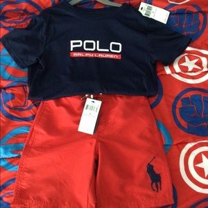 NWT Polo by Ralph Lauren swim shorts and dry fit shirt.